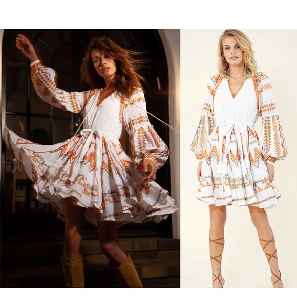 Hale Bob Dresses & Skirts - Hale Bob Ravin Embroidered Balloon Sleeve Aztez Tribal Print Mini Dress, Sz S